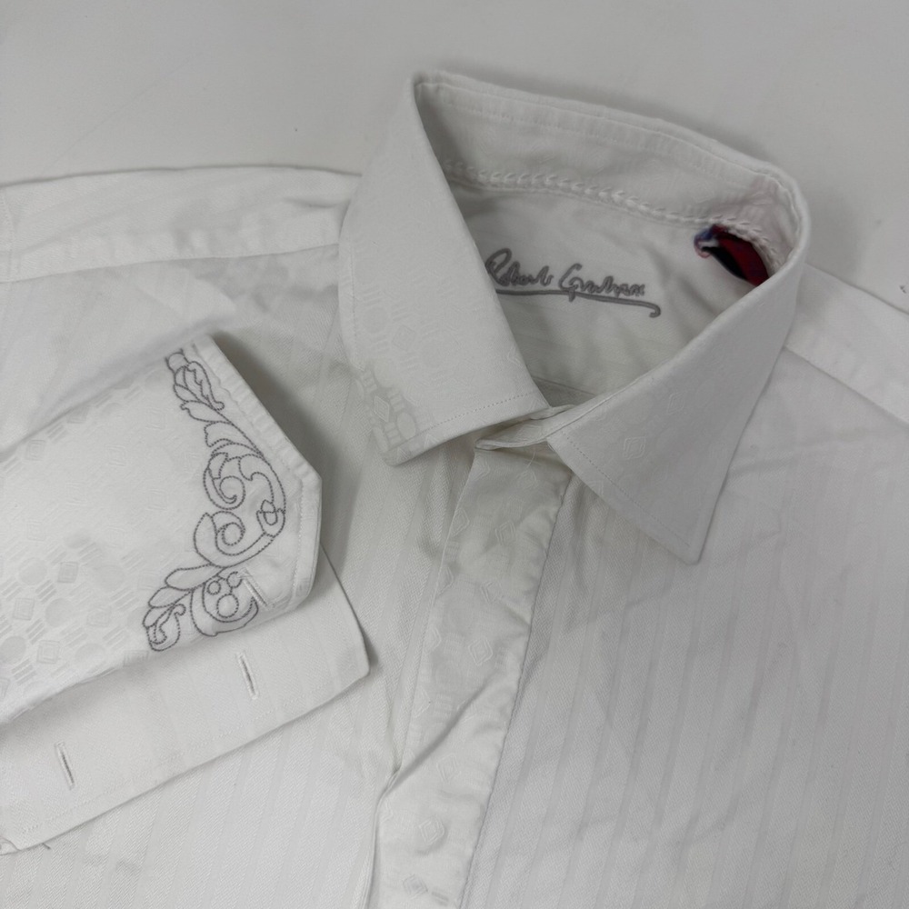 Robert‎ Graham Button Down Shirt Mens M White Jacquard Embroidered Cuffs Placket